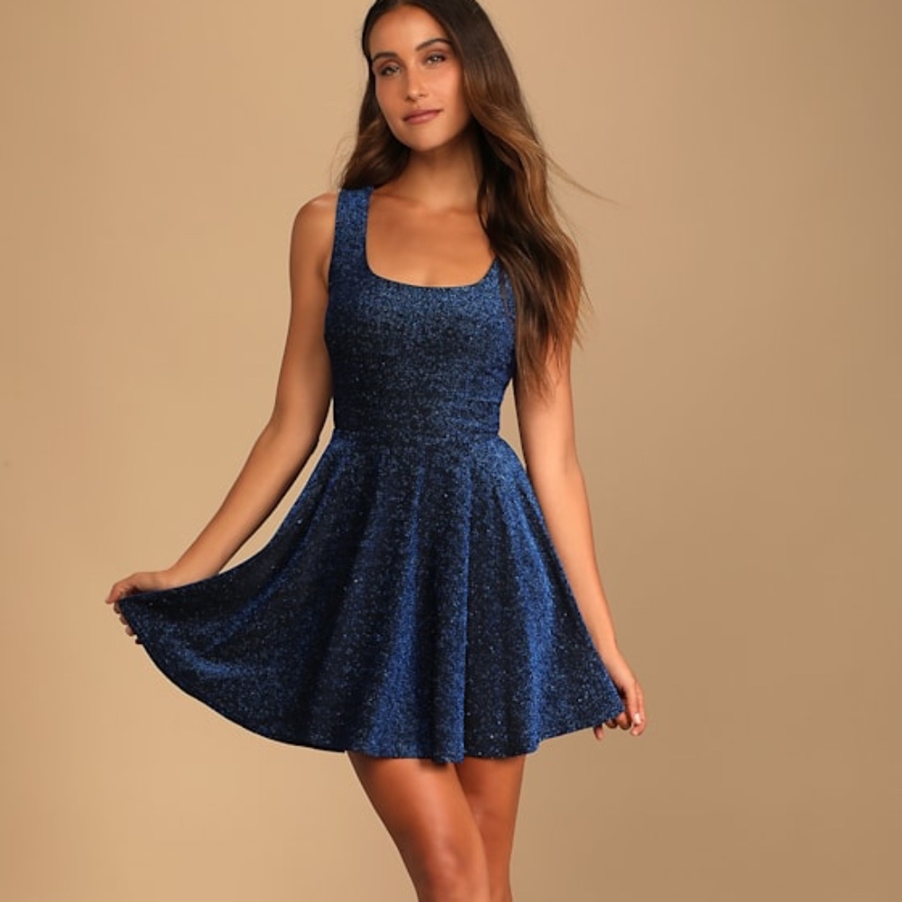 NWT Lulus Best Date Ever Blue Metallic Skater Mini Dress - Size M
